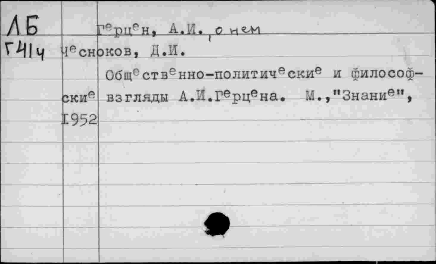 ﻿/Б		1 Сс’рц.гн, А. И. с \-1^и
г-Ч)ч	•Iе сн	эков, Д.И.
	зкие Е952	Общественно-политические и философ-взгляды А.И.Герцена. М.,"3нание”,
		
		
		
		
		
		
		